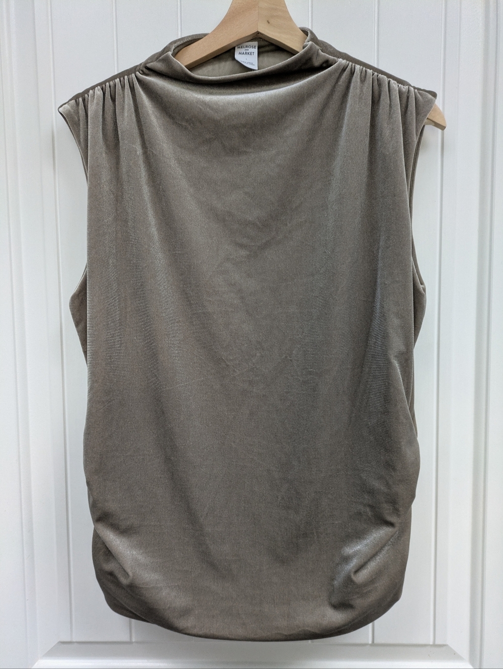 Melrose And Market Draped Mock Neck Sleeveless Top in Taupe